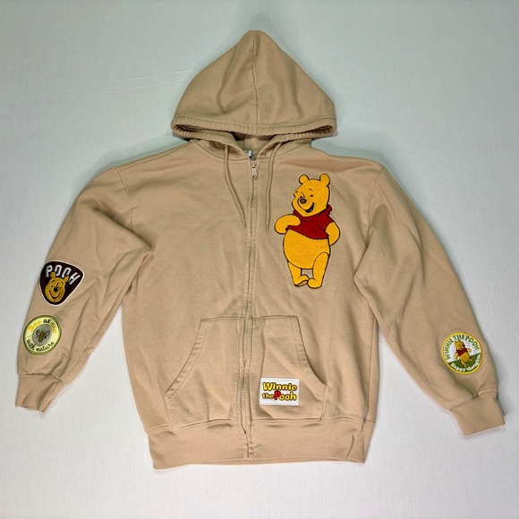 Disney Winnie the Pooh‎ Hoodie Sand Color Embroidered Patches Size S - Picture 2 of 7